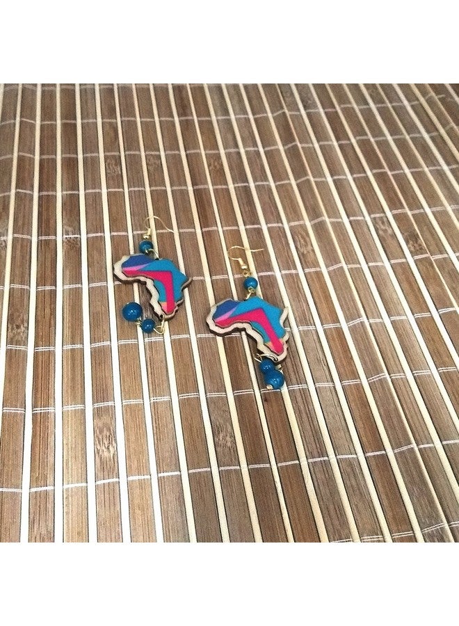 COLORFUL BLING Vintage 3D colorful art Africa map wooden design ethnic boho beads Dangle Earrings for woman - Blue - Image 2
