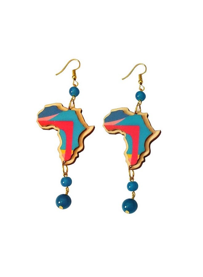 COLORFUL BLING Vintage 3D colorful art Africa map wooden design ethnic boho beads Dangle Earrings for woman - Blue - Image 1