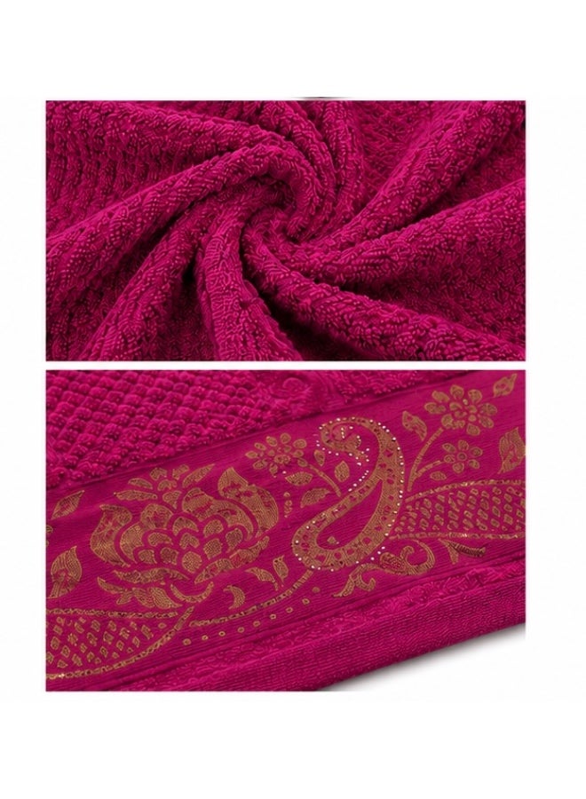 Premium Cotton & Velour Bath Towel 70×140 cm, Fuchsia with Elegant Gold Floral & Paisley Design - Image 3