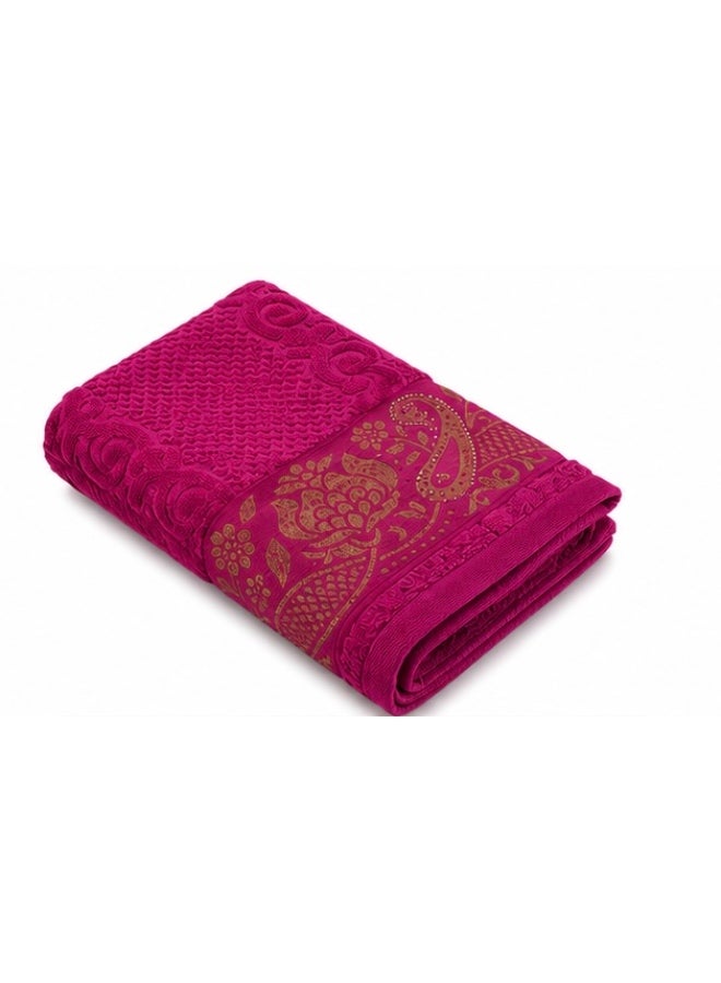 Premium Cotton & Velour Bath Towel 70×140 cm, Fuchsia with Elegant Gold Floral & Paisley Design - Image 1