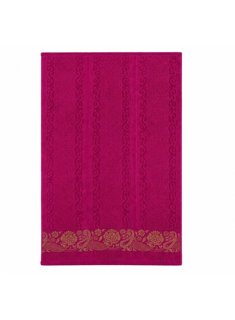 Premium Cotton & Velour Bath Towel 70×140 cm, Fuchsia with Elegant Gold Floral & Paisley Design - Image 2