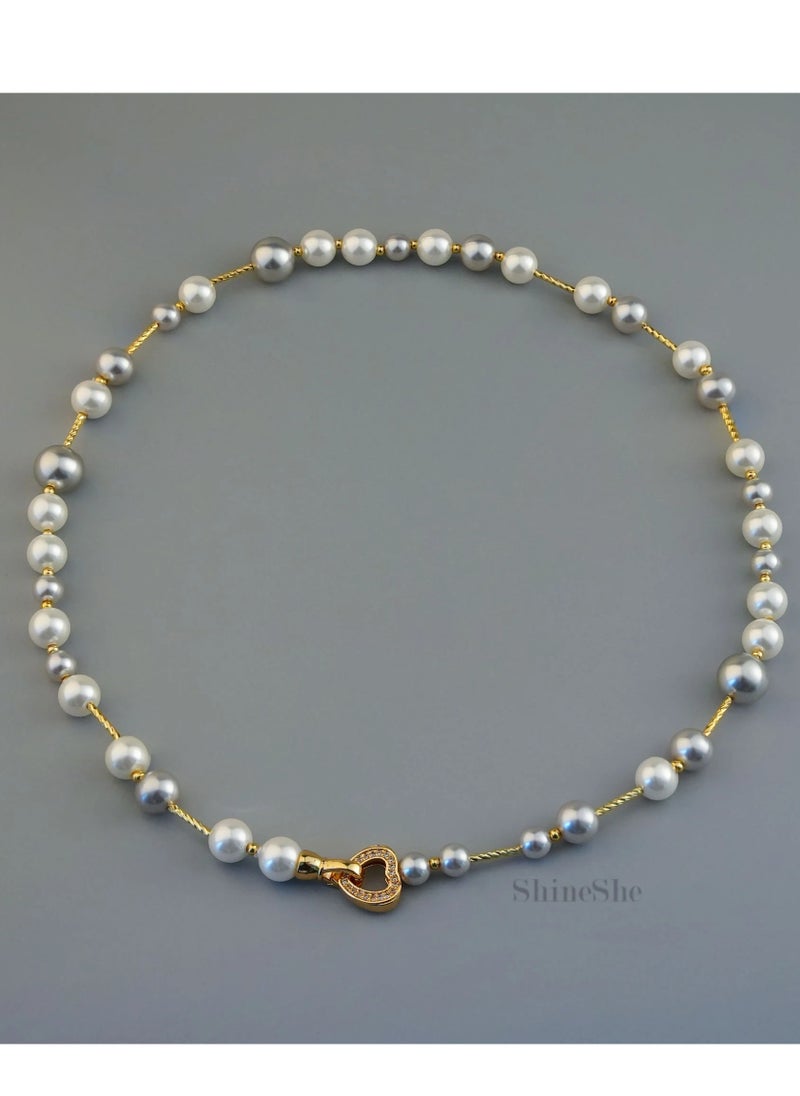ShineShe - New Vintage Gold and Gray Mixed Pearl Bead Necklace(10mm+8mm),ShineShe - Image 1