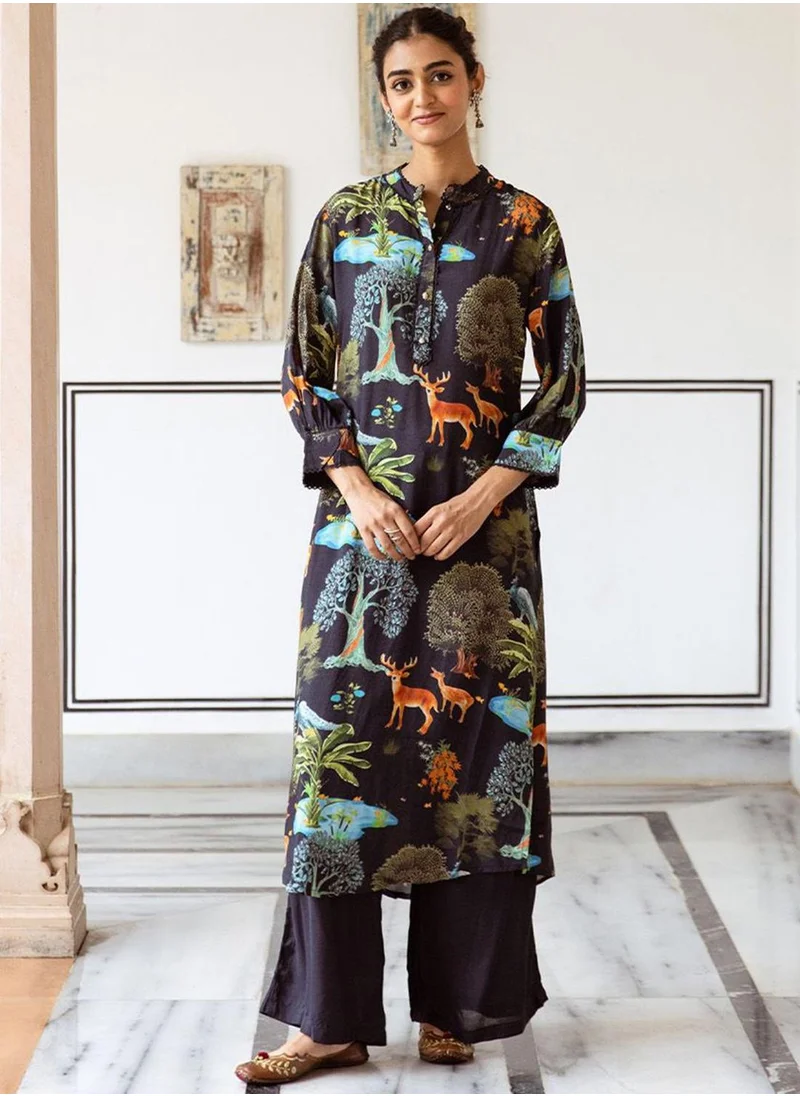 آي شين Women's Black Viscose Blend Printed Tunic Full Length Palazzo Straight Fit Kurta Set