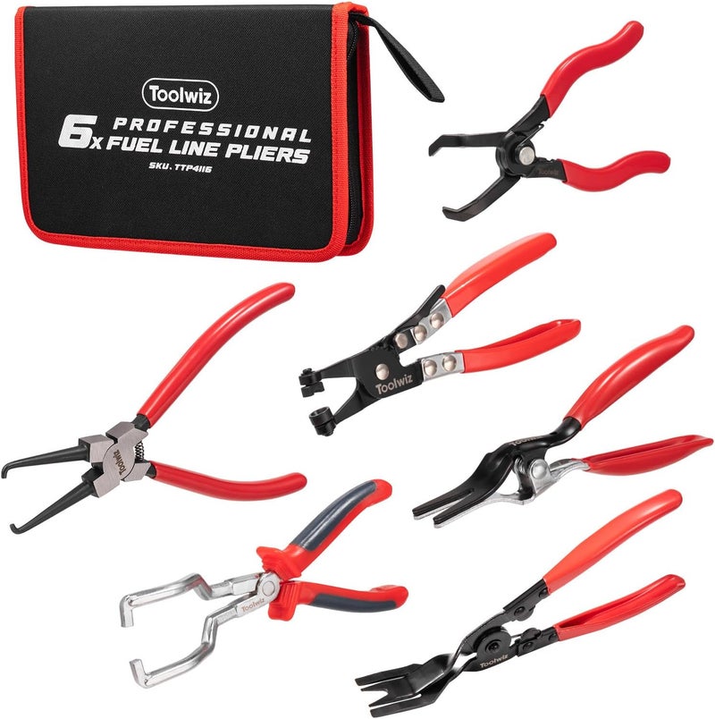 Toolwiz 6 pcs Fuel Line Pliers Set, Hose Clamp Plier, Panel Removal Tool, Hose Removal Plier, 30 Degree Push Pin Pliers, 2 pc 9" Electrical Disconnect Tool for Automotive Repair with Storage Bag - Image 1
