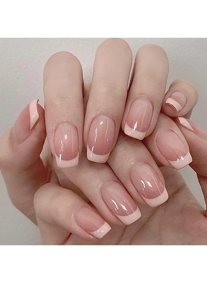 RESONIX 24PCS Short Square French Tip Press On Nails – Nude Pink Full Cover Fake Nails for Women, Glossy Manicure Kit with Adhesive Tabs & Prep Tools - Image 5
