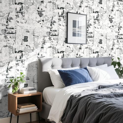 ReWallpaper 175inx23ft Black White Newspaper Print Peel and Stick Wallpaper Vintage Collage Pattern Removable Waterproof Wall Covering for Bathroom Bedroom Office Studio Study Loft Retro Style Decor - Image 3