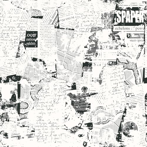 ReWallpaper 175inx23ft Black White Newspaper Print Peel and Stick Wallpaper Vintage Collage Pattern Removable Waterproof Wall Covering for Bathroom Bedroom Office Studio Study Loft Retro Style Decor - Image 1