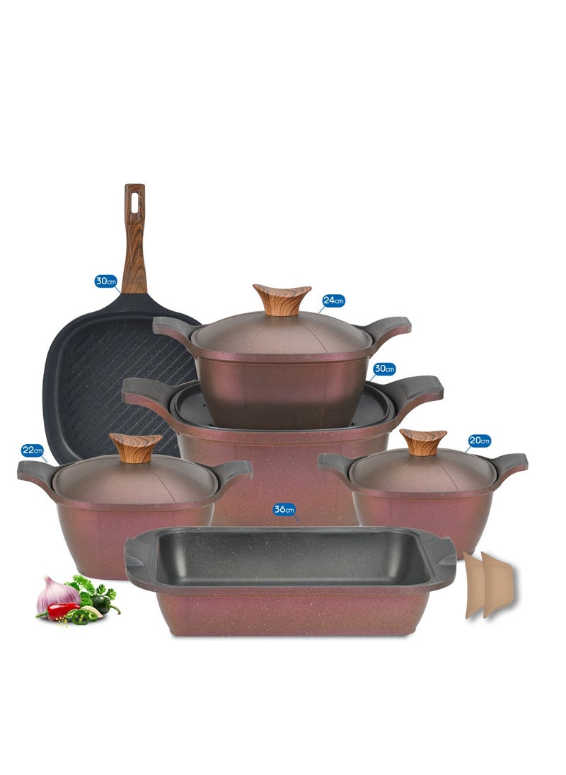 NeoKlein - Square Healthy Granite Nonstick 10 Piece Kitchen Cookware Pots And Grill Royal Pan Set 4 Pots(20-22-24-30) Grill 30-Tagin 36 - Image 1
