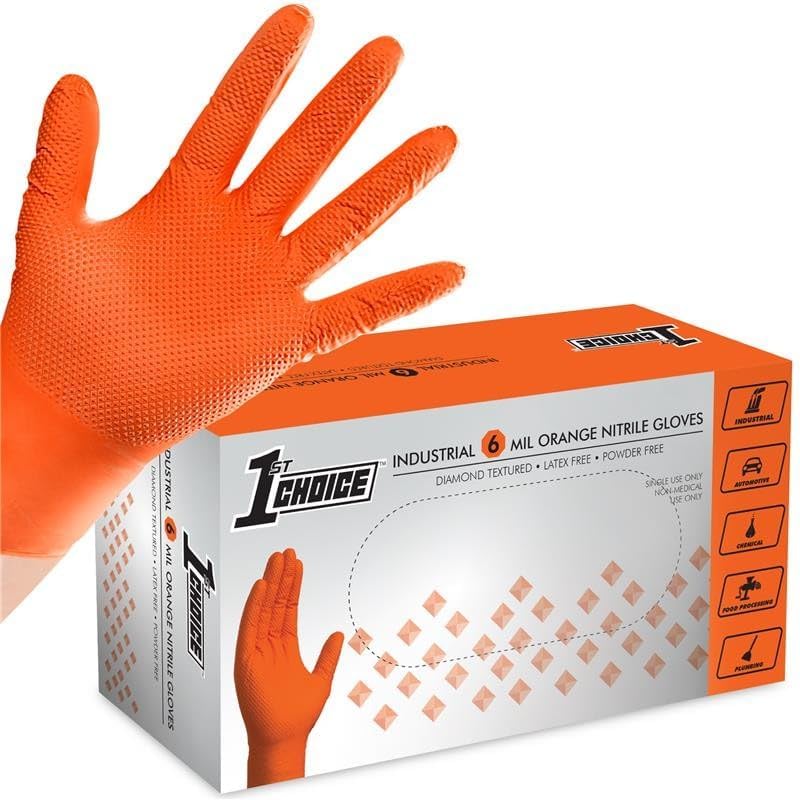 1st Choice 6 mil Orange Gloves Disposable Latex Free Raised Diamond Grip Mechanic Glove for Men XLarge 1 Box of 100