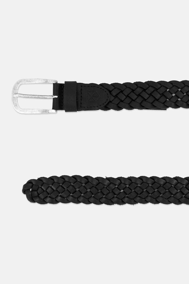 Jack Jones Men Leather Braided Belt With Silver Buckle, Black  - Image 2