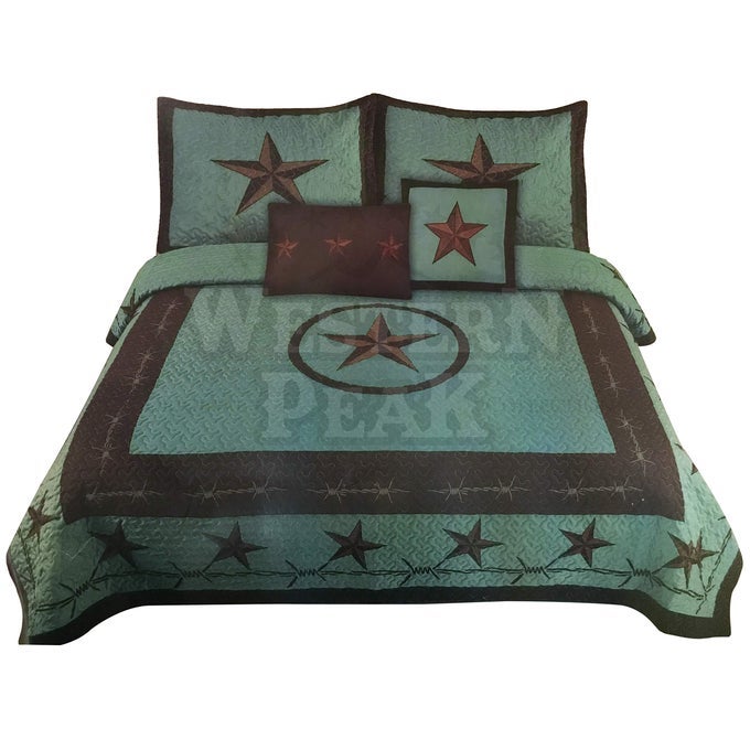 5 PC WESTERN TEXAS CROSS LODGE BARBED WIRE QUILT BEDSPREAD SHAMS PILLOW OVERSIZE COMFORTER TURQUOISE TEXAS STAR QUEEN