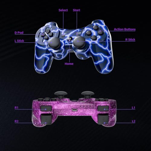 Burcica Wireless Controller for PS-3 Motion Sense Double Vibration Upgraded Gaming Remote for Play 3 with Charging Cord (Blue+Purple) - Image 5