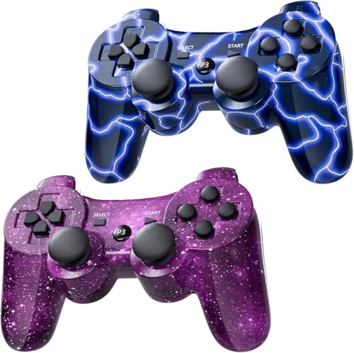 Burcica Wireless Controller for PS-3 Motion Sense Double Vibration Upgraded Gaming Remote for Play 3 with Charging Cord (Blue+Purple) - Image 1