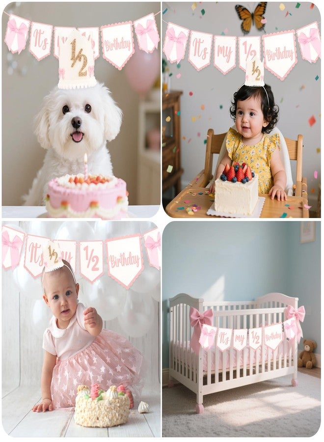 Atoden 1/2 Birthday Hat Half Way to One High Chair Banner 6 Months Headwear Princess Crown Headband Pink Bow Birthday Party Decorations for Girl Outfit Cake Smash Photo Props Gifts - Image 2