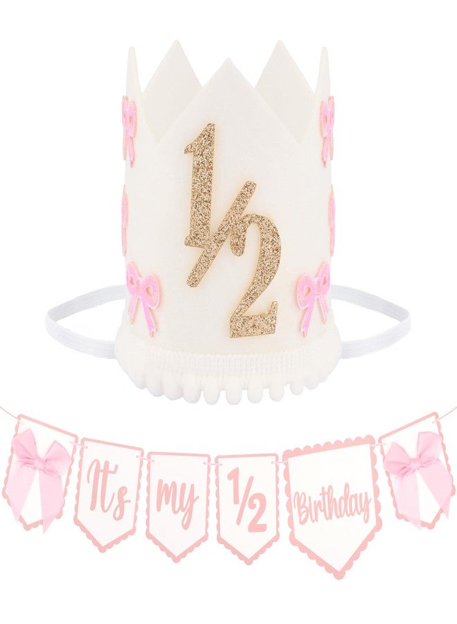 Atoden 1/2 Birthday Hat Half Way to One High Chair Banner 6 Months Headwear Princess Crown Headband Pink Bow Birthday Party Decorations for Girl Outfit Cake Smash Photo Props Gifts - Image 1