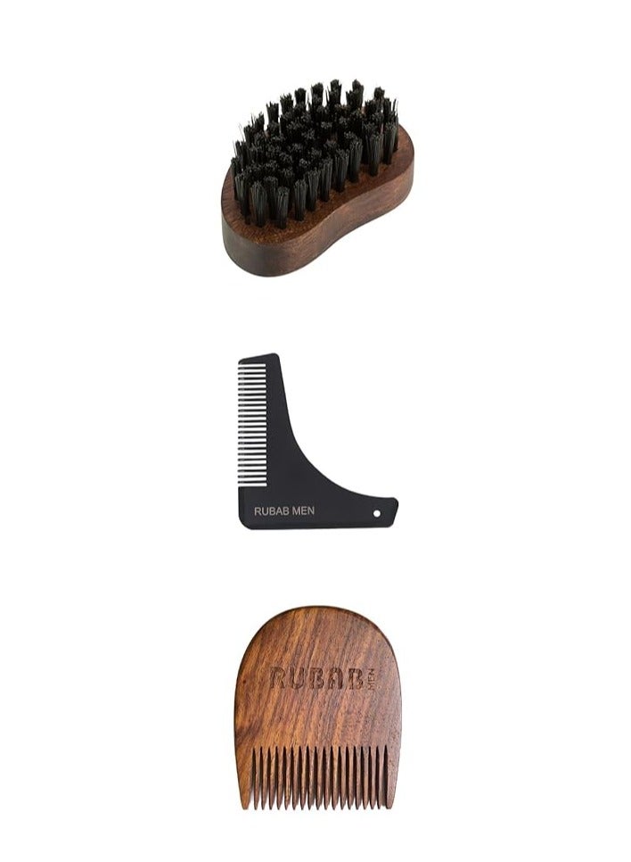 RUBAB MEN Premium Beard Grooming Kit of 3 | Beard Brush, L Shaper Shaping Tool & Beard Comb for Men | Also Comes with Carry Pouch | Made in India - Image 1