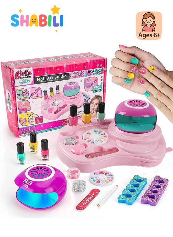 شبيلي طقم طلاء أظافر تجميلي للأطفال للفتيات من عمر 6 سنوات فما فوق استوديو فن الأظافر الوردي مع طلاء أظافر قابل للتقشير ولمعان مجموعة مكياج قابلة للغسل مع مجفف أظافر وتدليك وسبا ولعب تظاهري وتعليم مبكر وهدية عيد ميلاد مثالية للفتيات الصغيرات - Image 1