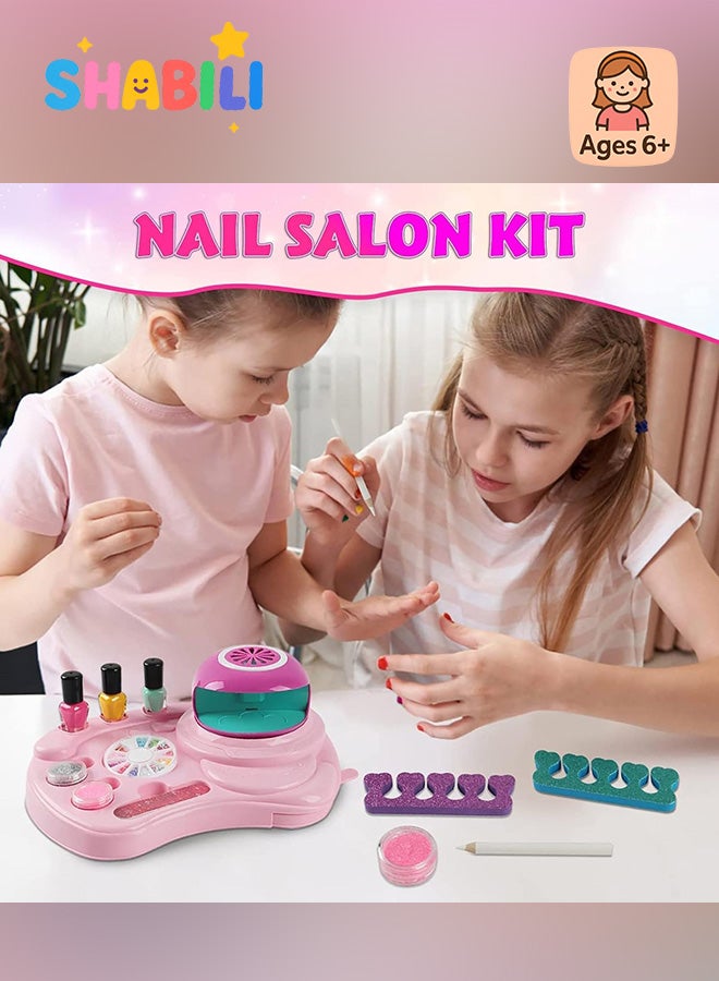 شبيلي طقم طلاء أظافر تجميلي للأطفال للفتيات من عمر 6 سنوات فما فوق استوديو فن الأظافر الوردي مع طلاء أظافر قابل للتقشير ولمعان مجموعة مكياج قابلة للغسل مع مجفف أظافر وتدليك وسبا ولعب تظاهري وتعليم مبكر وهدية عيد ميلاد مثالية للفتيات الصغيرات - Image 2