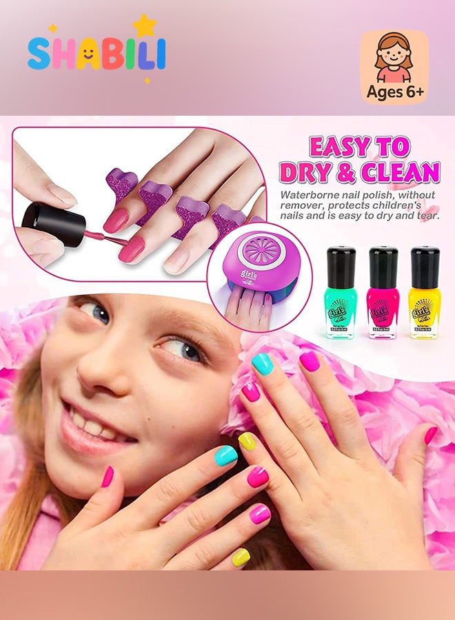 شبيلي طقم طلاء أظافر تجميلي للأطفال للفتيات من عمر 6 سنوات فما فوق استوديو فن الأظافر الوردي مع طلاء أظافر قابل للتقشير ولمعان مجموعة مكياج قابلة للغسل مع مجفف أظافر وتدليك وسبا ولعب تظاهري وتعليم مبكر وهدية عيد ميلاد مثالية للفتيات الصغيرات - Image 3