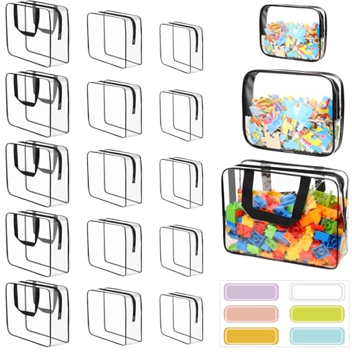 MBJZSL 18 Packs Toy Storage Bags with Labels Clear PVC Puzzle Storage Bags Waterproof Travel Toy Organizer Bags with Zipper for Building Blocks Kids Books 3 Size - Image 1