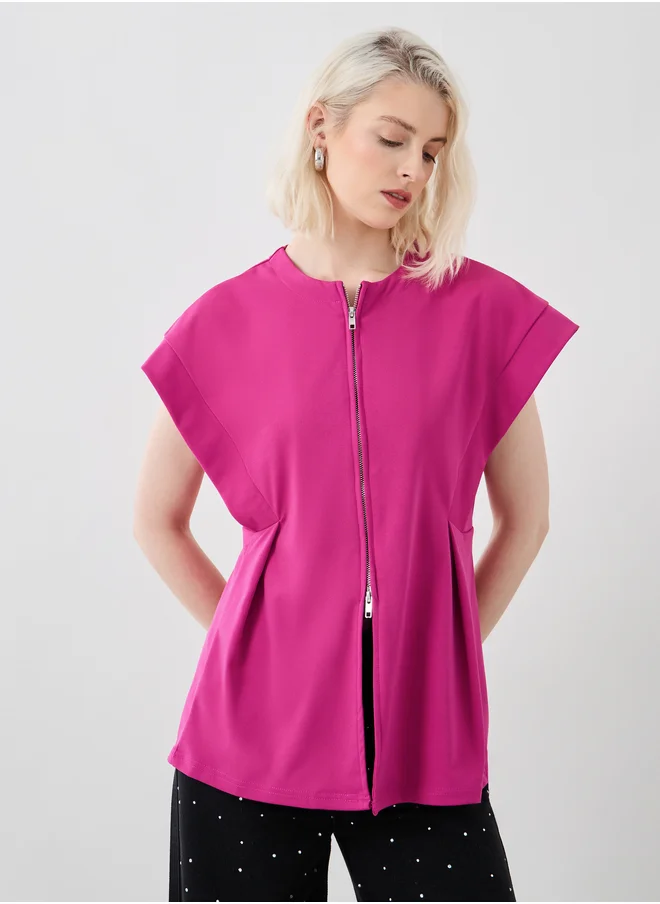تايك تو Take Two Solid Pleated Longline Blouse with Zipped Detail