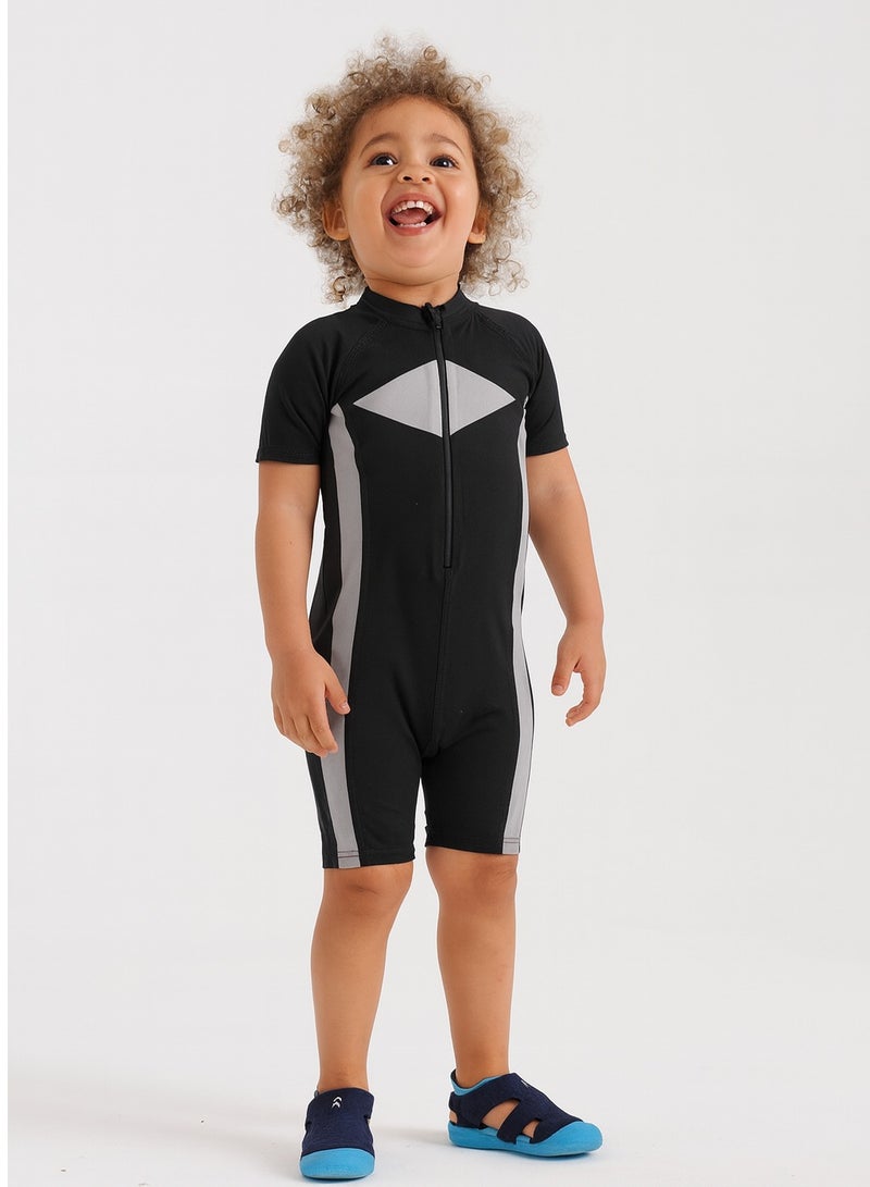 ملابس سباحة رياضية للأطفال قطعة واحدة بأكمام قصيرة وسحاب أمامي، واقي من الطفح الجلدي عالي الأداء