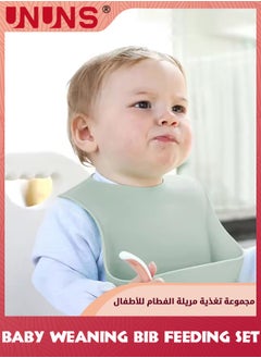 UNUNS Baby Feeding Set,Infant Led Weaning Feeding Supplies,Silicone Toddlers Self Eating Utensils Set-Wooden Spoons Forks,Adjustable Bib,Straw Cup With Snack Lid,Suction Bowl,Divided Plate,Turquoise  - Image 2