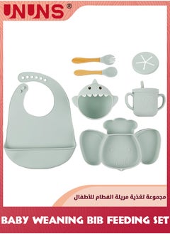 UNUNS Baby Feeding Set,Infant Led Weaning Feeding Supplies,Silicone Toddlers Self Eating Utensils Set-Wooden Spoons Forks,Adjustable Bib,Straw Cup With Snack Lid,Suction Bowl,Divided Plate,Turquoise  - Image 1