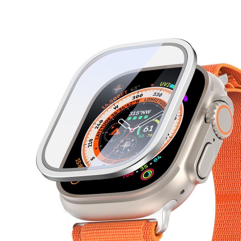 DUX DUCIS حماية شاشة زجاجية مقسّاة لسلسلة Apple Watch Ultra 1/2 مقاس 49 مم، حافة من سبائك الألمنيوم + زجاج عالي من الألمنيوم والسيليكون، فضي (عبوة واحدة) - Image 3