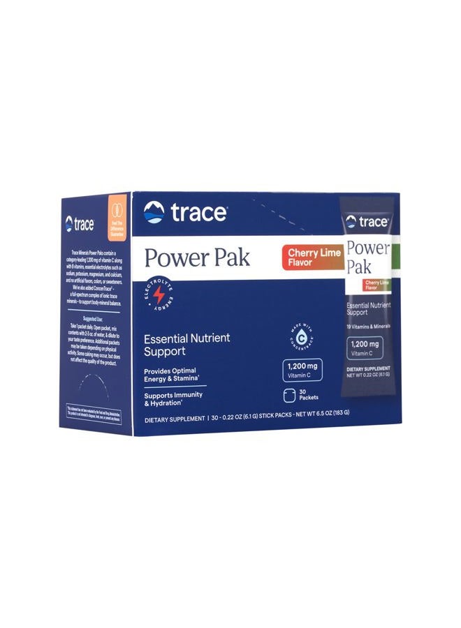 Trace Minerals Power Pak Electrolyte Powder Packets | 1200 mg Vitamin C, Zinc, Magnesium | Boost Immunity, Hydration and Natural Energy | Cherry Lime | 30 Packets - Image 1