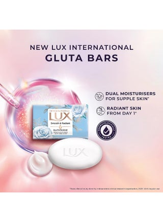 Lux LUX International Smooth & Radiant Bathing Soap 4 x130g, LUXURIOUS BATHING EXPERIENCE, Smooth & Moisturized skin, with Glutathione & French Moisturizer, Improves Skin Texture, White Rose Fragrance
