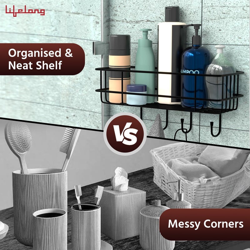 Lifelong Bathroom Shelf for Storage - Strong & Sturdy Wall Mounted Washroom Rack - Single Layer Multipurpose Towel Holder - Rust & Scratch Proof - Accessories Organiser (Pack of 2 - Black), Steel - Image 5