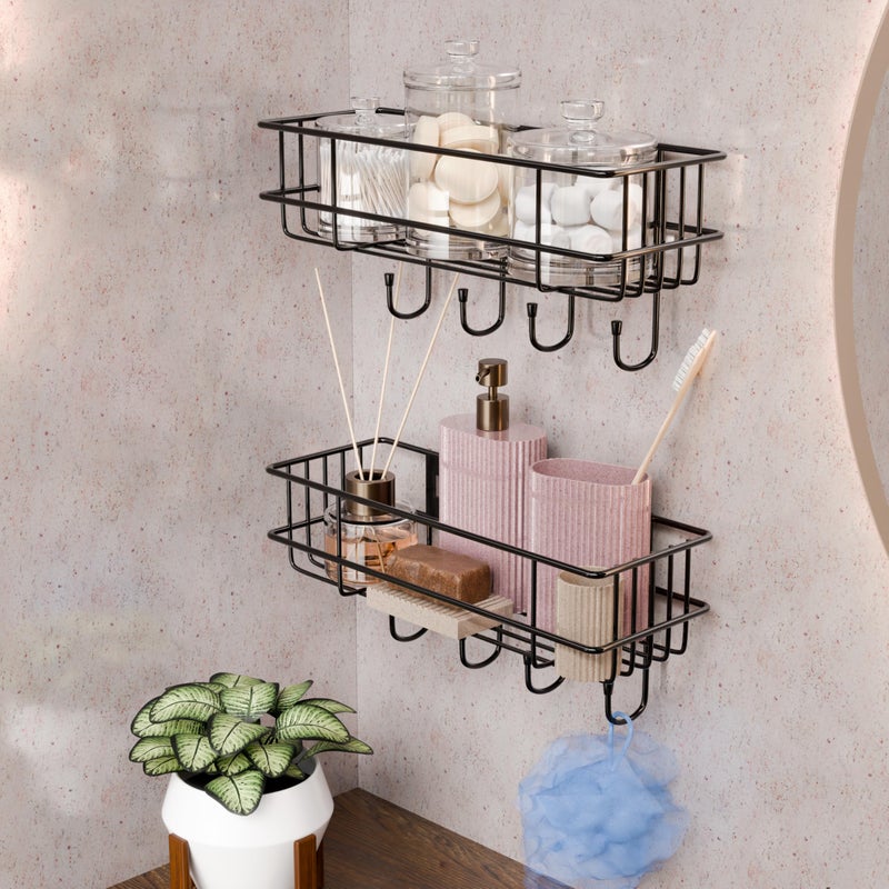 Lifelong Bathroom Shelf for Storage - Strong & Sturdy Wall Mounted Washroom Rack - Single Layer Multipurpose Towel Holder - Rust & Scratch Proof - Accessories Organiser (Pack of 2 - Black), Steel - Image 1