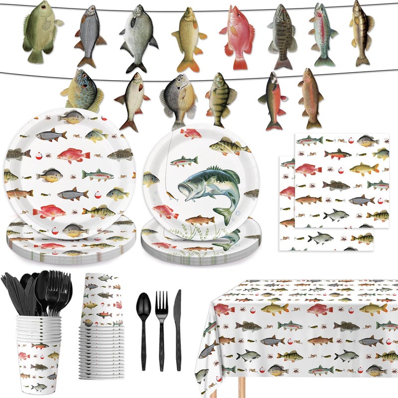 LINHAXM 170PCS Fishing Birthday Party Decorations Gone Fishing Party Decorations Include Plates, Cups, Cutlery, Banner, Tablecloth for Ofishally One Birthday Decorations - Image 1