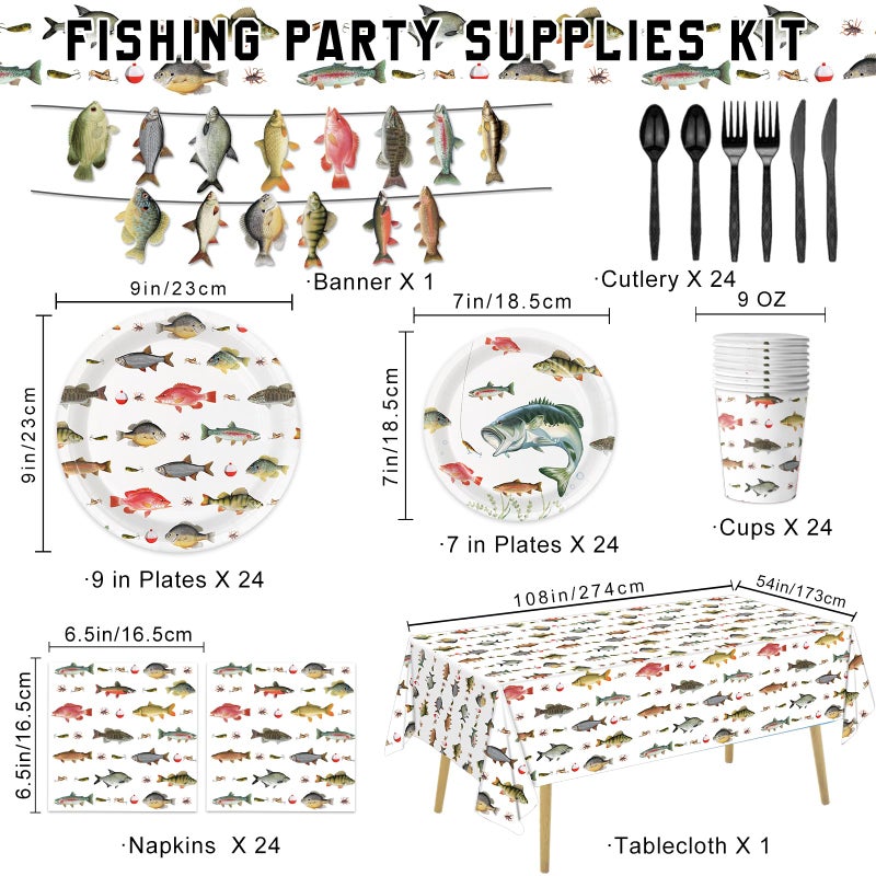 LINHAXM 170PCS Fishing Birthday Party Decorations Gone Fishing Party Decorations Include Plates, Cups, Cutlery, Banner, Tablecloth for Ofishally One Birthday Decorations - Image 2