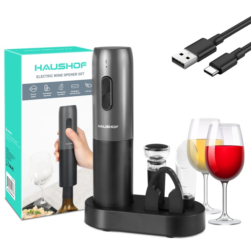 HAUSHOF HAUSHOF Electric Wine Opener Set Electric Corkscrew Wine Opener with Charging Base Rechargeable Automatic Wine Opener and Wine Accessories including Aerator  Pourer Wine Gifts for House Warming