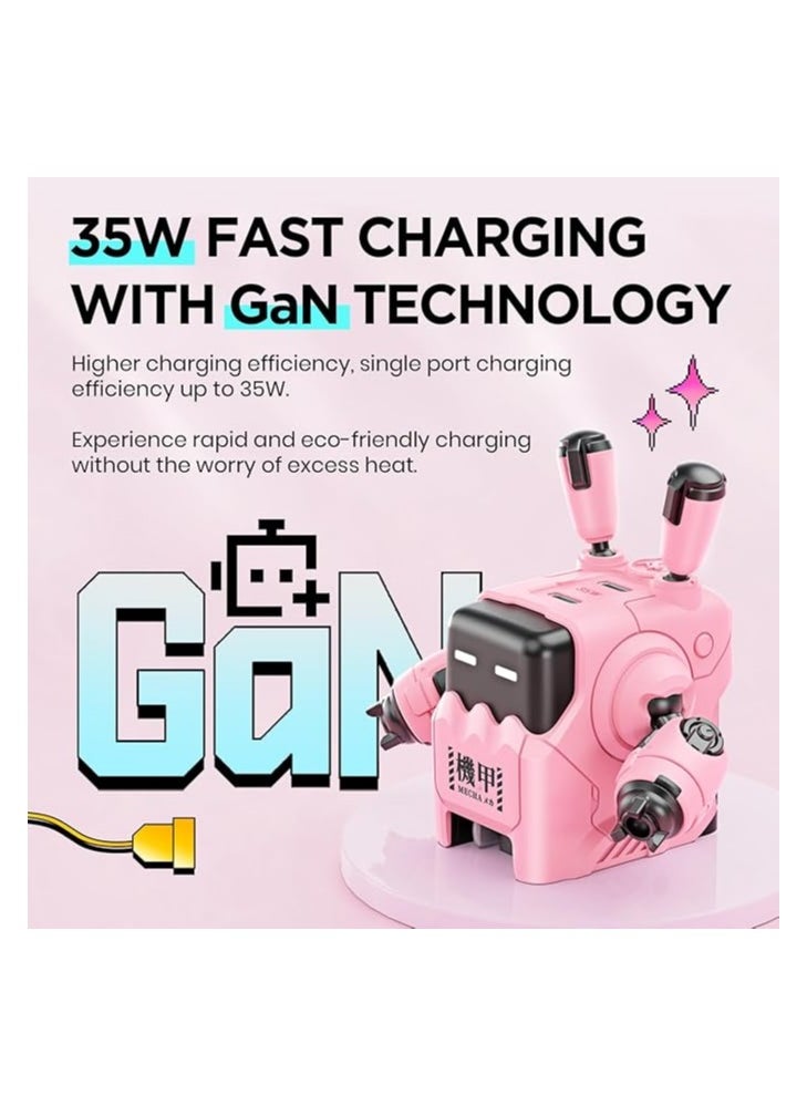 GravaStar 35W USB C Charger, DELTA35 Robot GaN Fast Charger Block, 2 Port Compact Charger with Foldable Plug, Dual USB C Wall Charger for iPhone 15/14/13/12 Series, Galaxy, iPad, and More (35W, Pink)