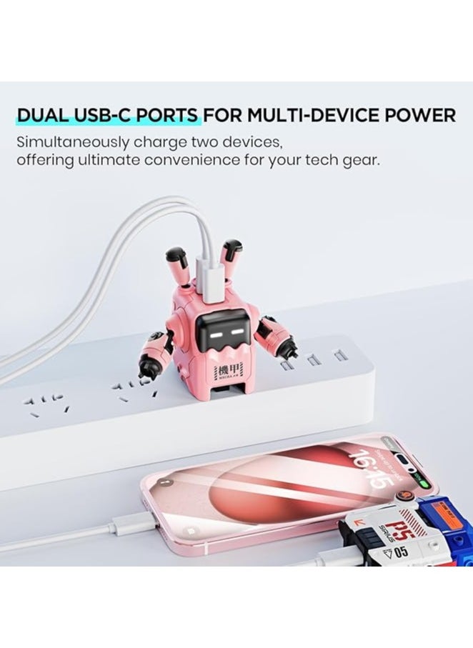 GravaStar 35W USB C Charger, DELTA35 Robot GaN Fast Charger Block, 2 Port Compact Charger with Foldable Plug, Dual USB C Wall Charger for iPhone 15/14/13/12 Series, Galaxy, iPad, and More (35W, Pink)