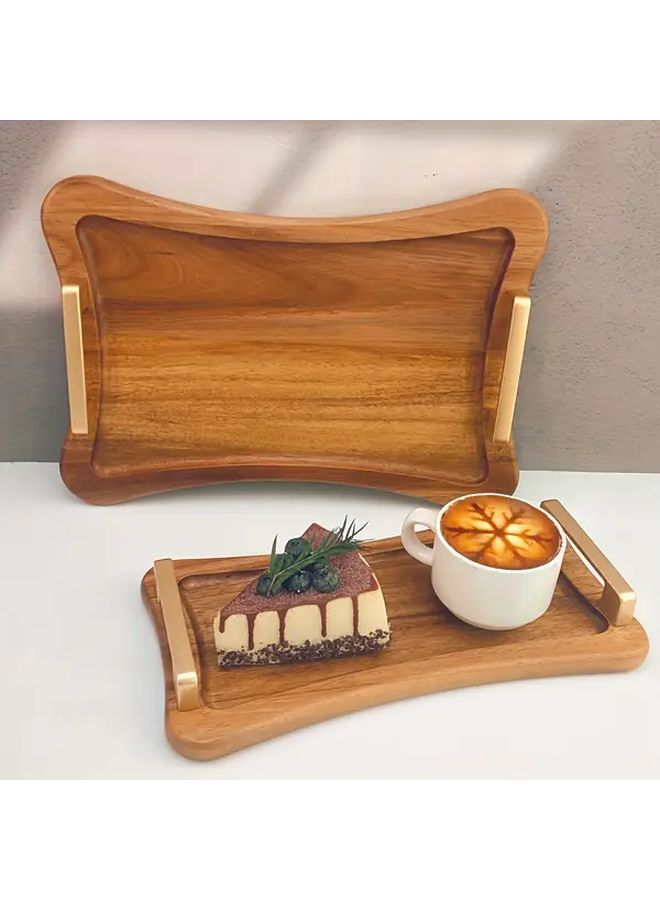 طبق خشبي من خشب السنط بمقبض معدني، مقاس 13 × 9.1 بوصة، مناسب لطاولة القهوة والفطور والعشاء وحفلات تقديم الطعام والمشروبات، ديكور منزلي ريفي على الطراز القديم، طاولة خشبية صلبة متعددة الاستخدامات. - Image 5