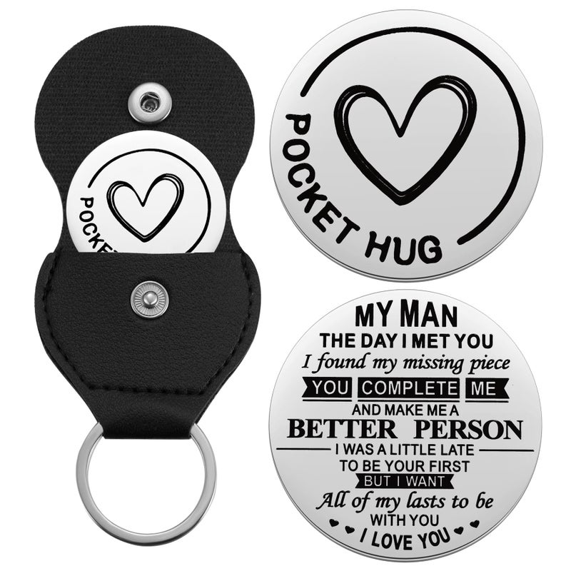 Aesnefe To My Men Pocket Hug Token Christmas Birthday Anniversary Valentines Day Gifts for Husband Boyfriend I Love You Gifts for Him Double Sided Message Engraved with Leather Keychain - Image 1
