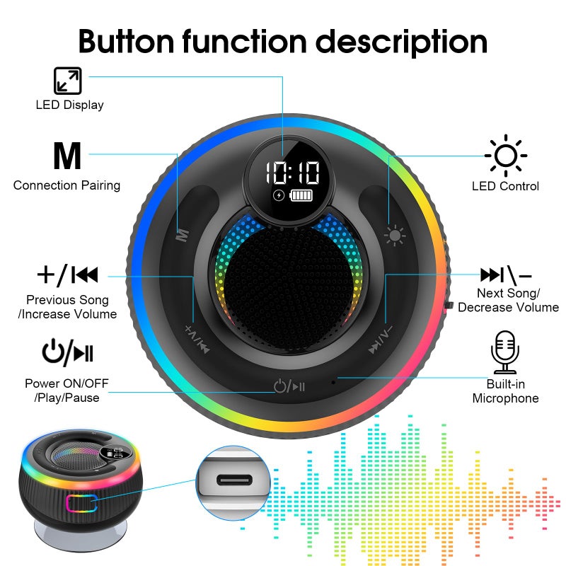 AOSRAU Bluetooth Speaker, HD Stereo Sound Shower Speaker, IPX7 Waterproof, Digital Display Portable Speaker with Suction Cup, LED Light, Small Wireless Speakers for Outdoor Party Beach Bathroom, Blue - Image 3