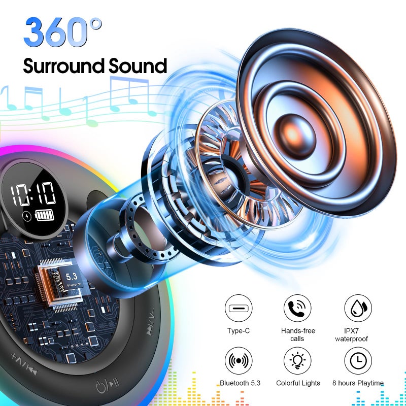 AOSRAU Bluetooth Speaker, HD Stereo Sound Shower Speaker, IPX7 Waterproof, Digital Display Portable Speaker with Suction Cup, LED Light, Small Wireless Speakers for Outdoor Party Beach Bathroom, Blue - Image 2
