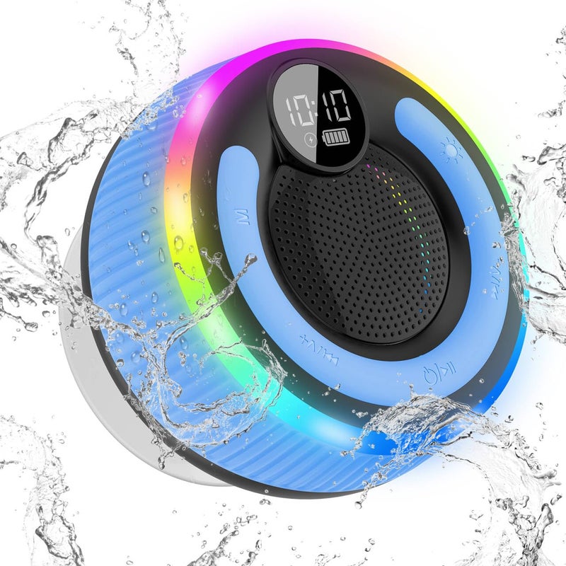 AOSRAU Bluetooth Speaker, HD Stereo Sound Shower Speaker, IPX7 Waterproof, Digital Display Portable Speaker with Suction Cup, LED Light, Small Wireless Speakers for Outdoor Party Beach Bathroom, Blue - Image 1