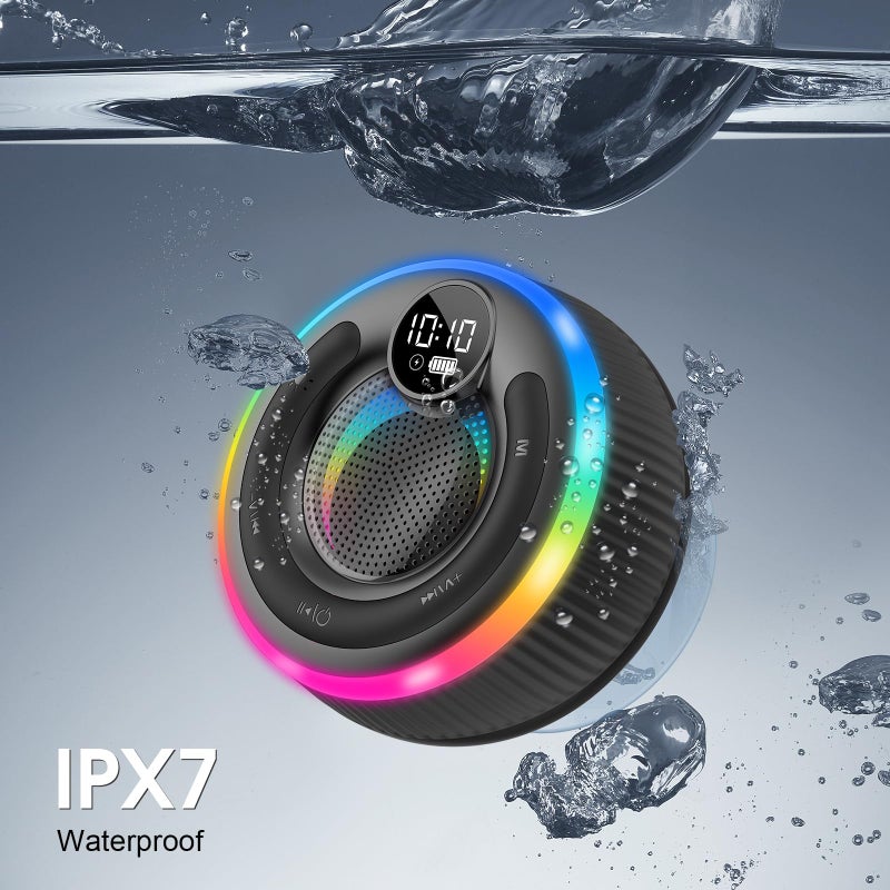 AOSRAU Bluetooth Speaker, HD Stereo Sound Shower Speaker, IPX7 Waterproof, Digital Display Portable Speaker with Suction Cup, LED Light, Small Wireless Speakers for Outdoor Party Beach Bathroom, Blue - Image 4