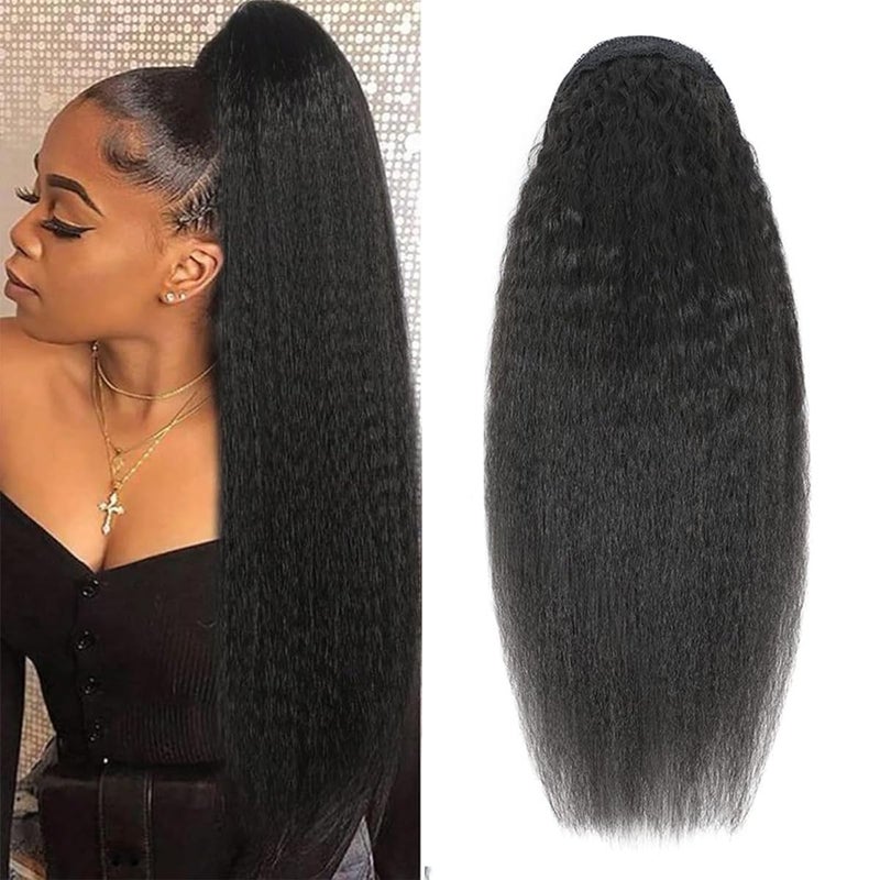 Kinky Straight Ponytail Extension Human Hair Drawstring Ponytail Extension Yaki Kinky Straight Magic Paste Ponytail Virgin Remy Human Hair Extension Natural Black Ponytail 120g 18 Inch
