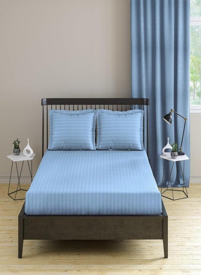 Pro Linen طقم مفروشات سرير من القطن الخالص 210Tc، بنمط ساتان مخطط 1 سم، مكون من 3 قطع، مقاس كوين عادي 275 × 225 سم، لون أزرق فاتح، (شرشف سرير واحد + غطاءان للوسائد) - Image 1