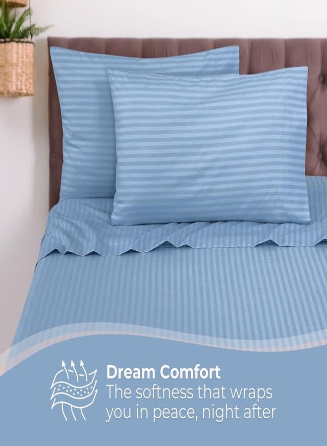 Pro Linen طقم مفروشات سرير من القطن الخالص 210Tc، بنمط ساتان مخطط 1 سم، مكون من 3 قطع، مقاس كوين عادي 275 × 225 سم، لون أزرق فاتح، (شرشف سرير واحد + غطاءان للوسائد) - Image 2