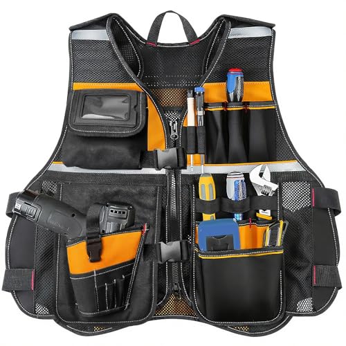 TooCust Tool Vest, Electrician Tool Vest for Men, 17 Compartments, Reflective Workwear with Drill Holster, Adjustable Waist & Upgraded Comfortable Neck Opening - Image 1