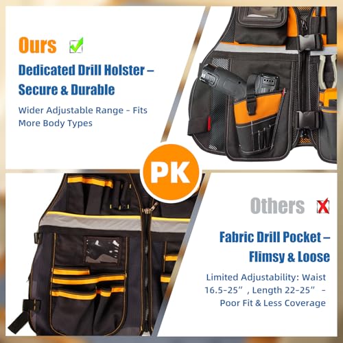TooCust Tool Vest, Electrician Tool Vest for Men, 17 Compartments, Reflective Workwear with Drill Holster, Adjustable Waist & Upgraded Comfortable Neck Opening - Image 2