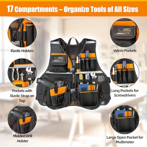 TooCust Tool Vest, Electrician Tool Vest for Men, 17 Compartments, Reflective Workwear with Drill Holster, Adjustable Waist & Upgraded Comfortable Neck Opening - Image 3